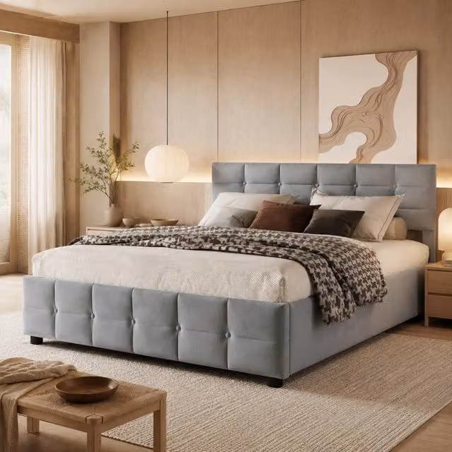 Letto imbottito 180x200 cm con contenitore sollevabile e rete a doghe; velluto olandese