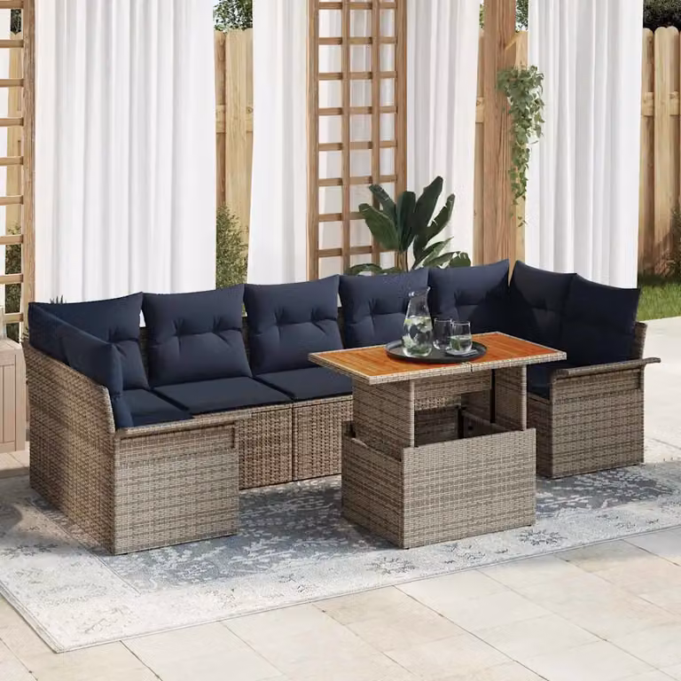 vidaXL Set Divano da Giardino 8 pz a Forma di L in Polyrattan con Tavolino, Grigio e Blu Navy