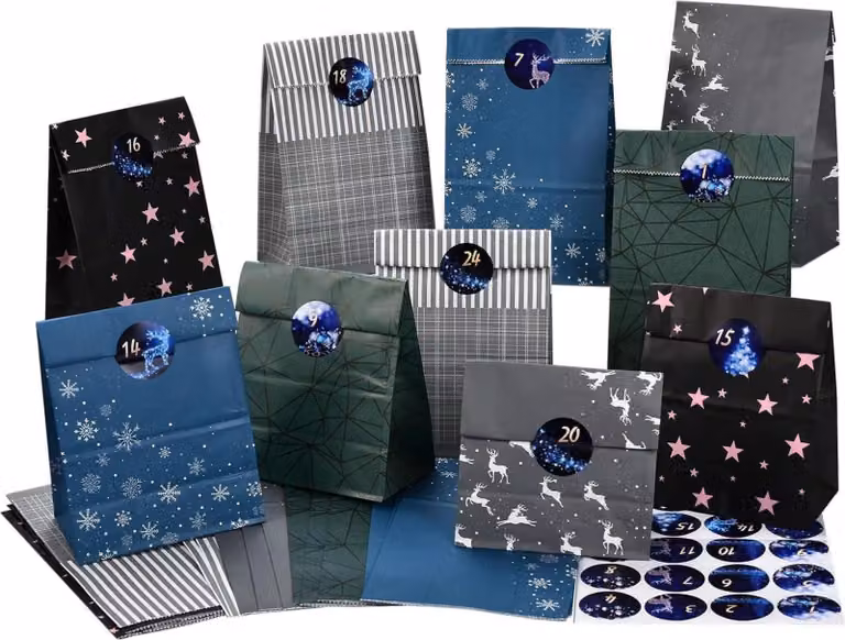Calendario dell'Avvento da disegnare e riempire da soli per bambini e uomini in blu-nero-grigio