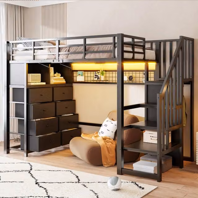Letto a soppalco 90x200 cm con 8 cassetti e LED in MDF e metallo nero