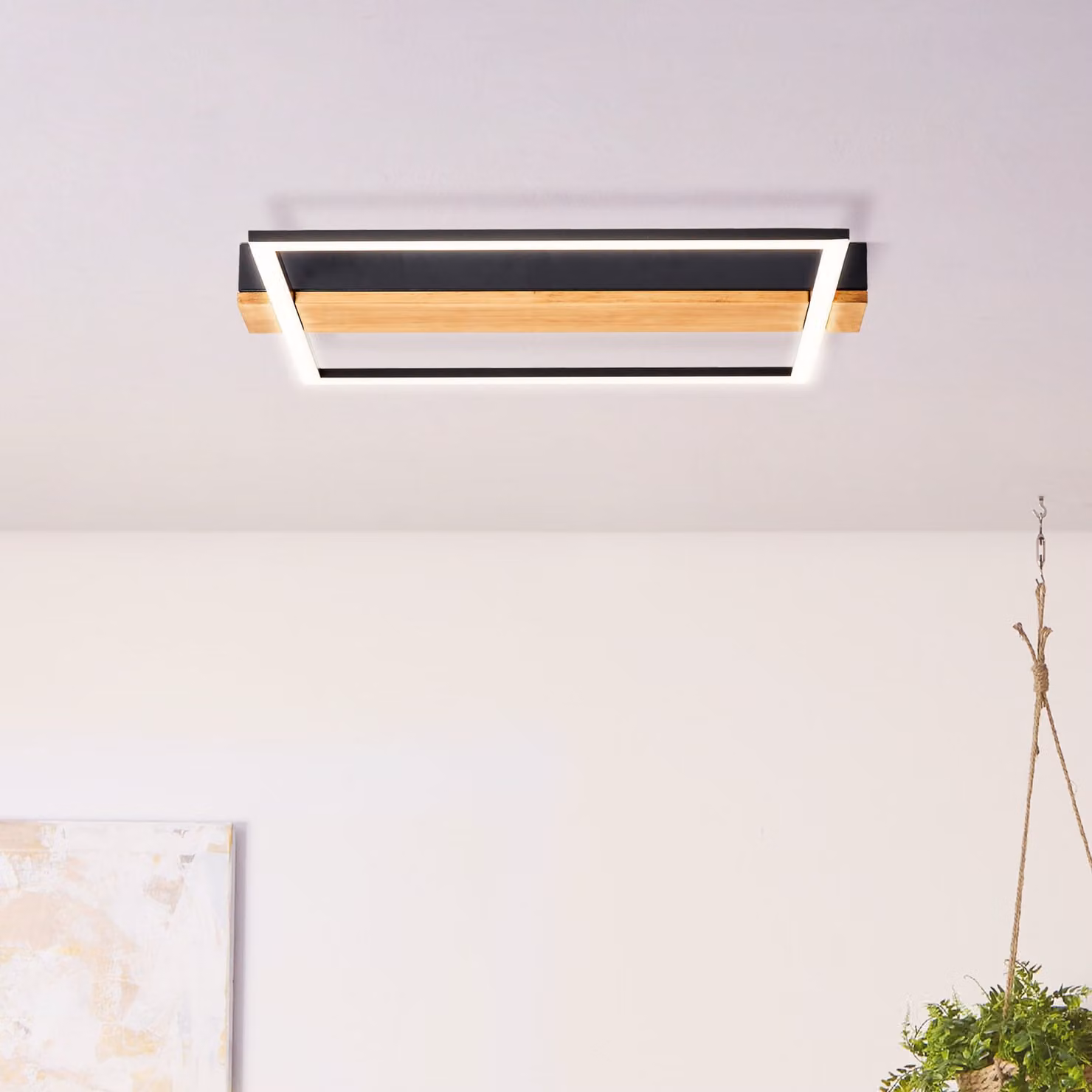 BRILLANTE plafoniera LED moderna LONEOS | plafoniera nera con dettagli in legno e dimmer a 3 livelli | 24W 3000 Lumen 3000 Kelvin | metallo/legno/plastica | 45x40 cm