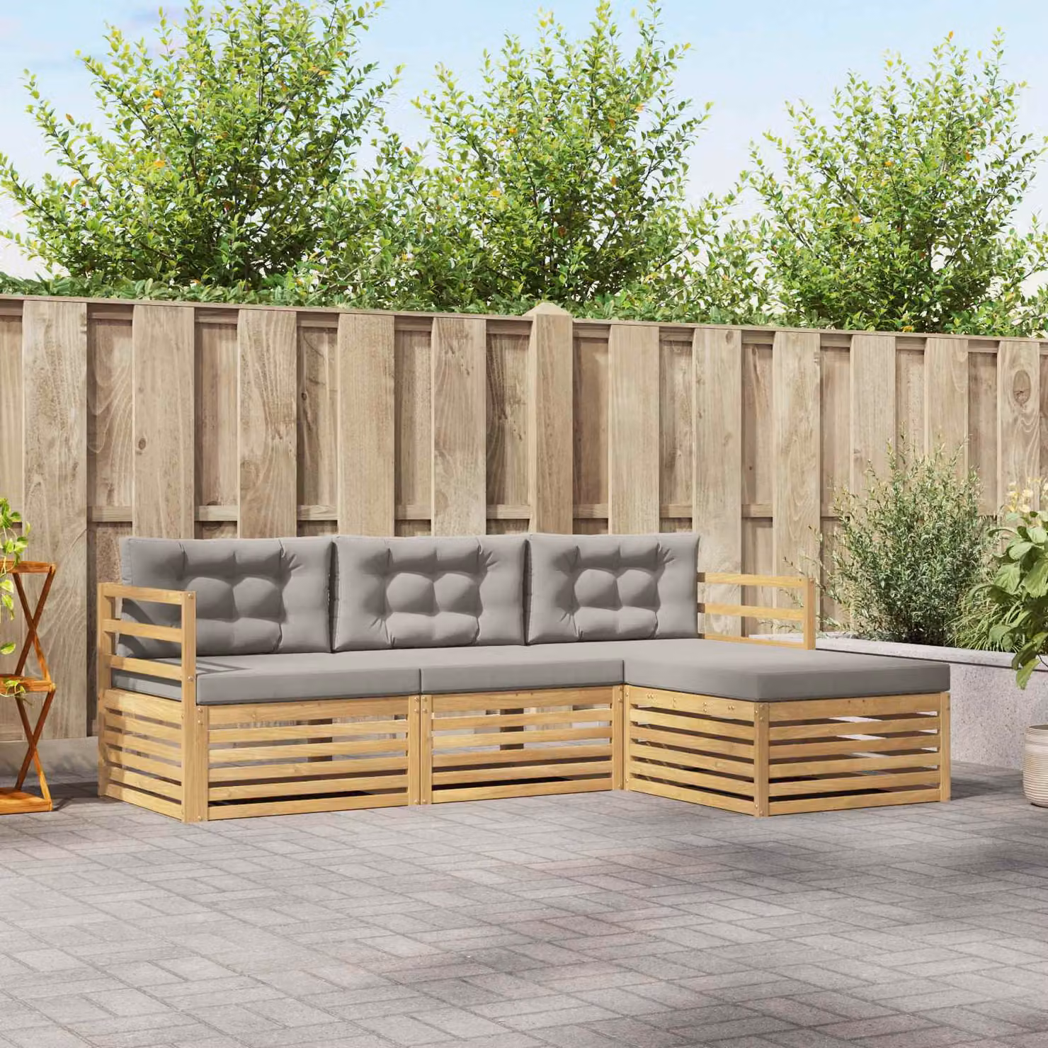 Set di divani da esterno moderno vidaXL in legno di acacia e poliestere, Bianco e Grigio