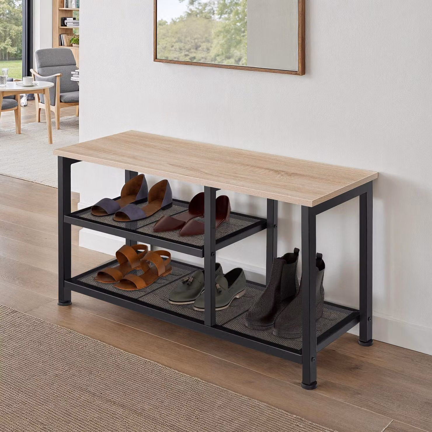 Scarpiera Industriale Tectake in Legno Rovere e Metallo, Marrone e Nero, L: 80 cm, P: 30 cm, H: 45,5 cm – 2