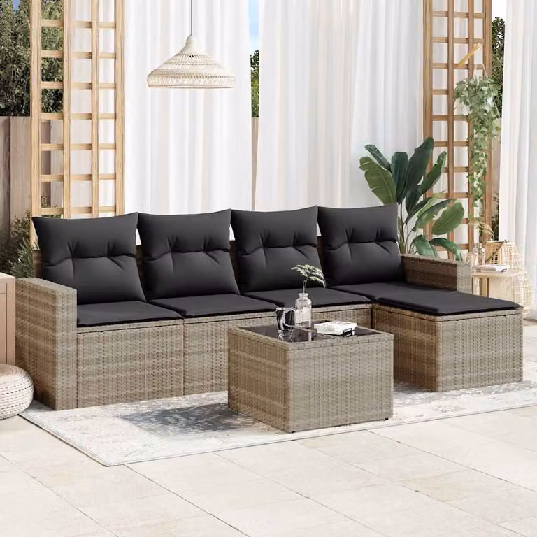 Set Divano da Giardino vidaXL 6pz in Polyrattan Grigio con Cuscini e Tavolino da Esterno a Forma di L