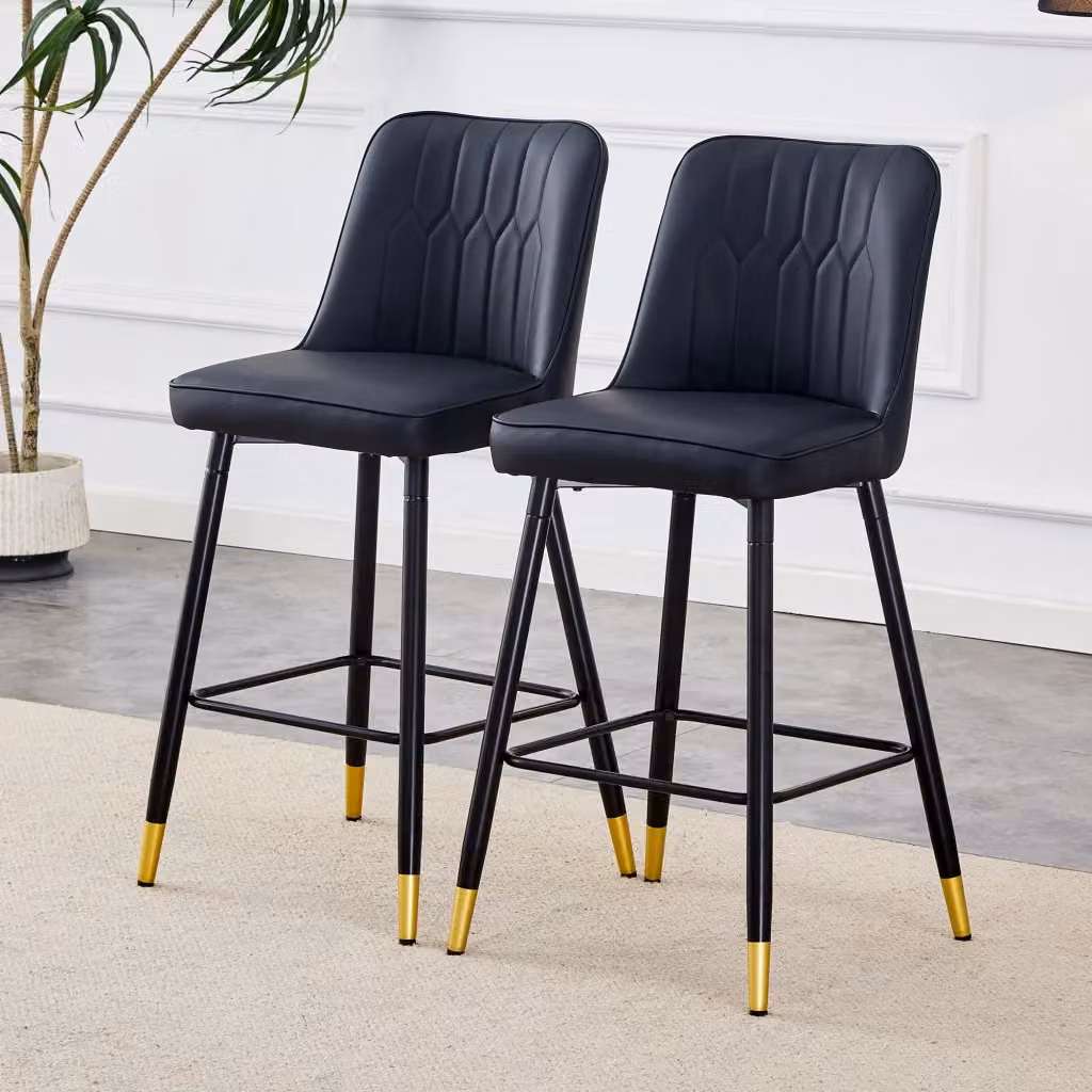 Set di 2 Sgabelli da Bar Moderni con Schienale e Poggiapiedi in Metallo e Similpelle Nera per Cucina e Bancone – 2