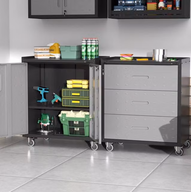 Armadio portautensili in metallo con ruote e serratura, ripiani regolabili, disponibile in nero o grigio