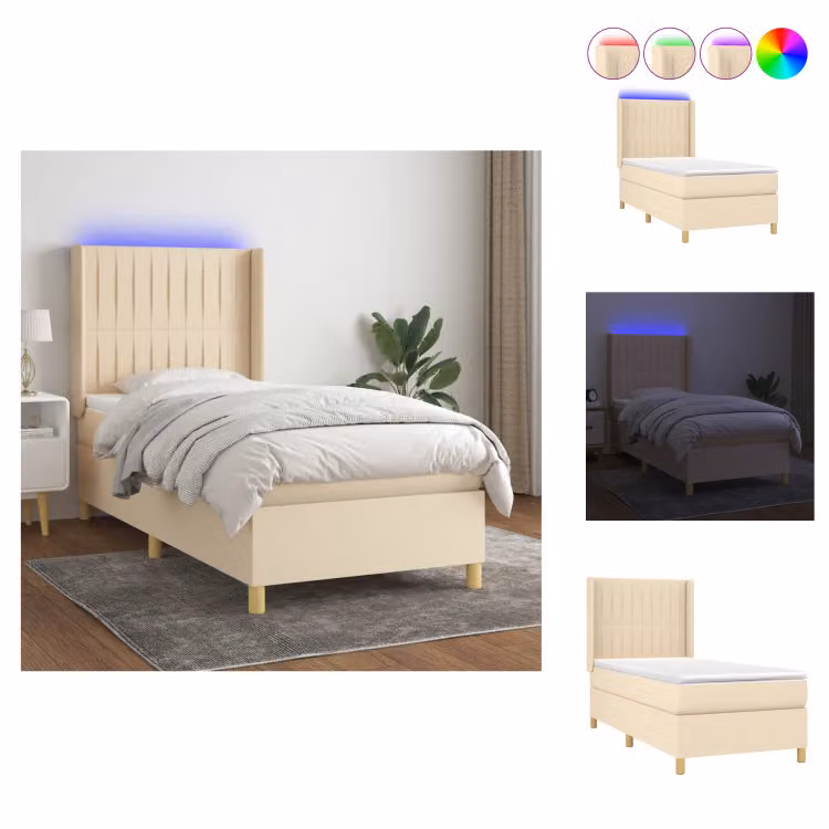 vidaXL Letto a molle insacchettate con materasso e tessuto LED crema 90x190 cm - Letti e strutture letto