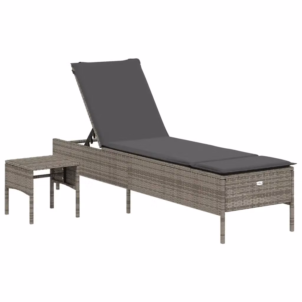 Lettino prendisole vidaXL in polyrattan grigio e bianco con cuscino impermeabile e tavolino laterale – 2
