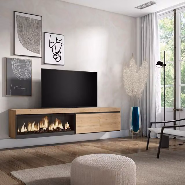 Mobile TV Soggiorno, 208x35x45cm, Per TV fino a 80", Camino elettrico XXL, da appendere, colore Rovere RF3279