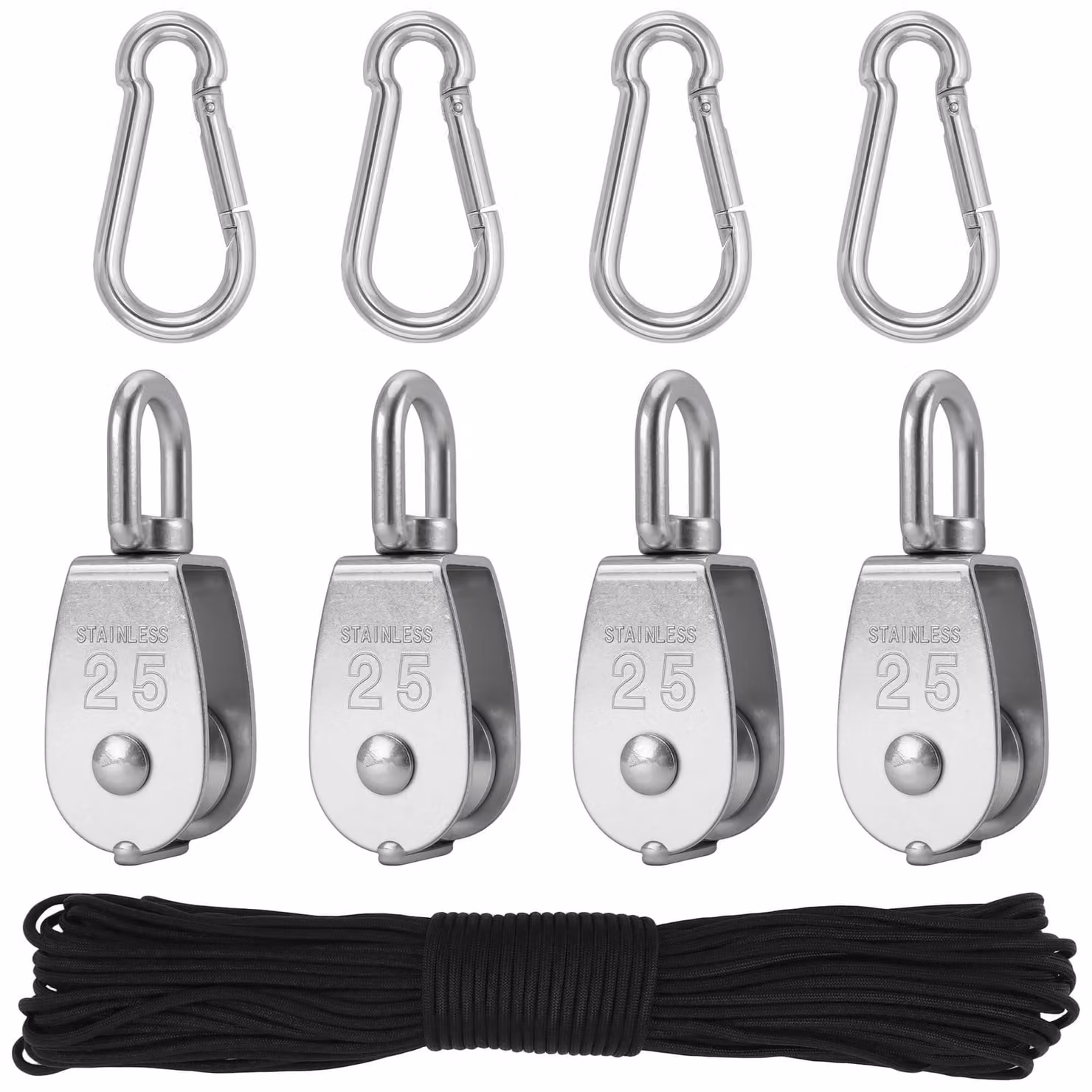 Set di carrucole in acciaio inossidabile M25, composto da 9 pezzi, con portata di 150 kg, completo di corda in nylon e ganci a D