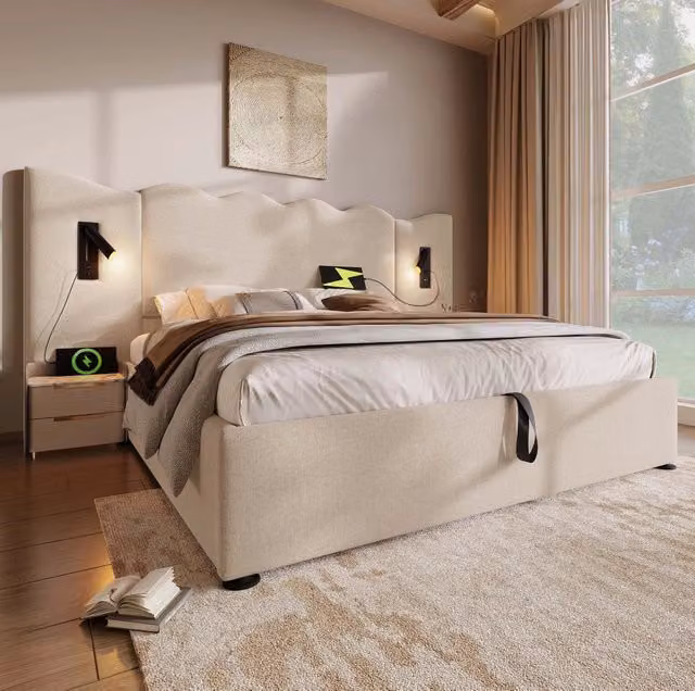 Letto contenitore ULEVR 160x200 cm con lampade da lettura, USB e Type-C, rivestimento in lino beige