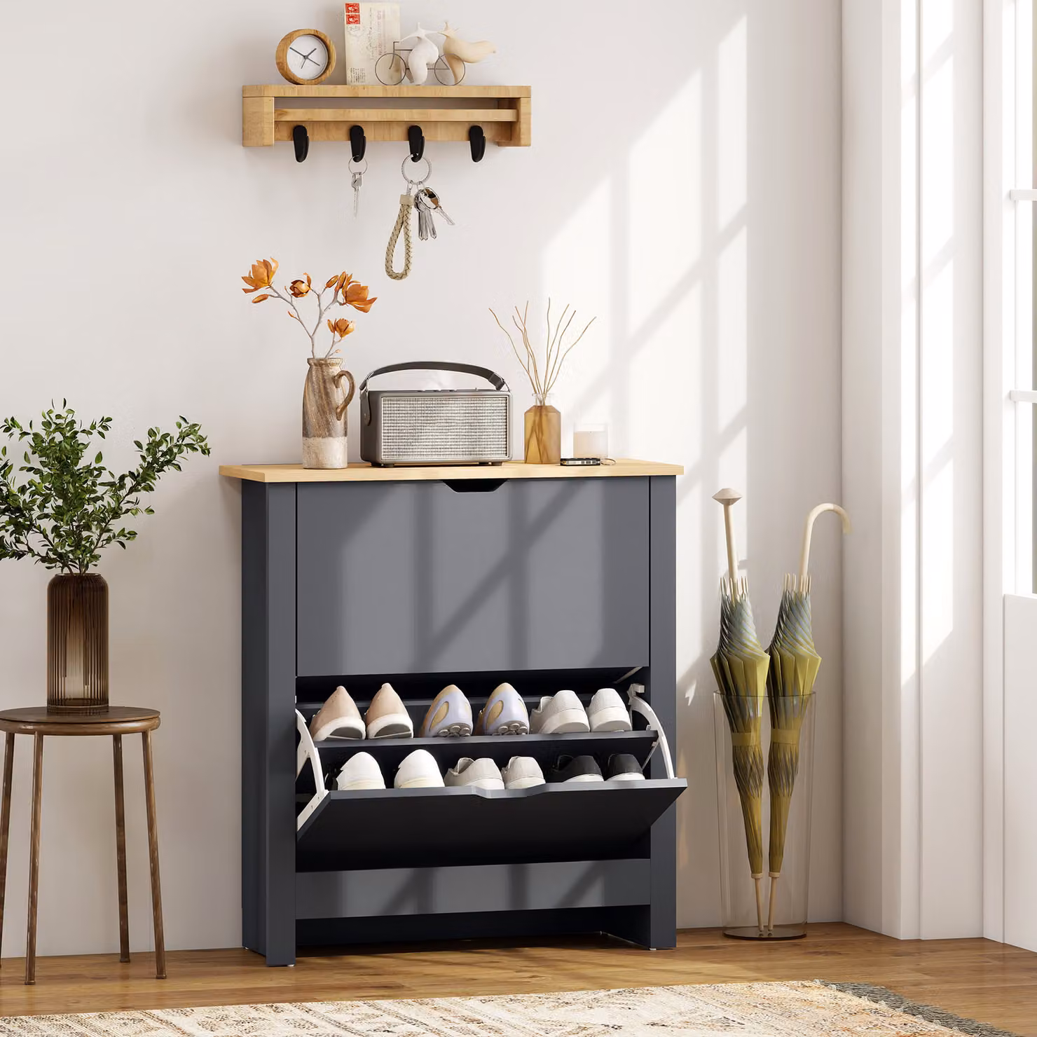 Scarpiera HOMCOM con 2 scomparti ribaltabili e divisori regolabili per 8-12 paia di scarpe, Grigio Scuro, L: 72 cm, P: 26 cm, H: 80 cm – 2