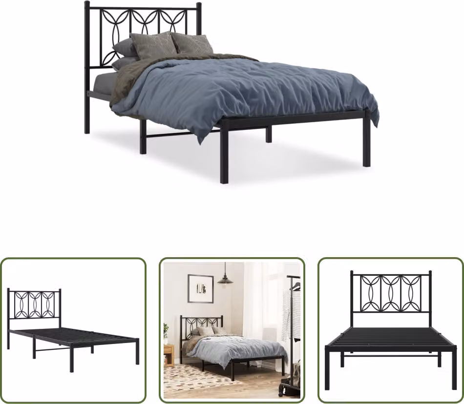 The Living Store Struttura letto con testiera in metallo nero 90x190 cm