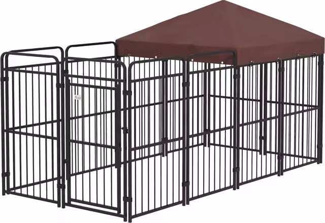 Recinto per cani da esterno GIORDANOSHOP in metallo marrone con tetto resistente alle intemperie L: 282 cm, P: 121 cm, H: 159 cm – 1