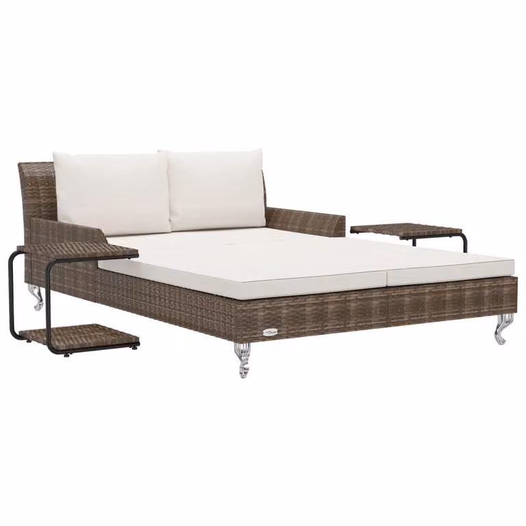 Lettino Prendisole per 2 Persone con Cuscini Polyrattan Marrone