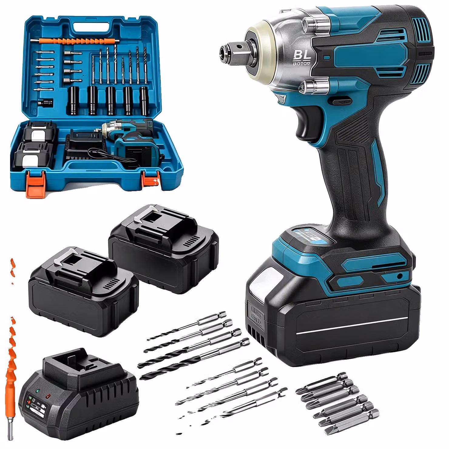 Avvitatore a impulsi, coppia di 1200 Nm, compatibile con batterie al litio da 18V, set con 2 batterie
