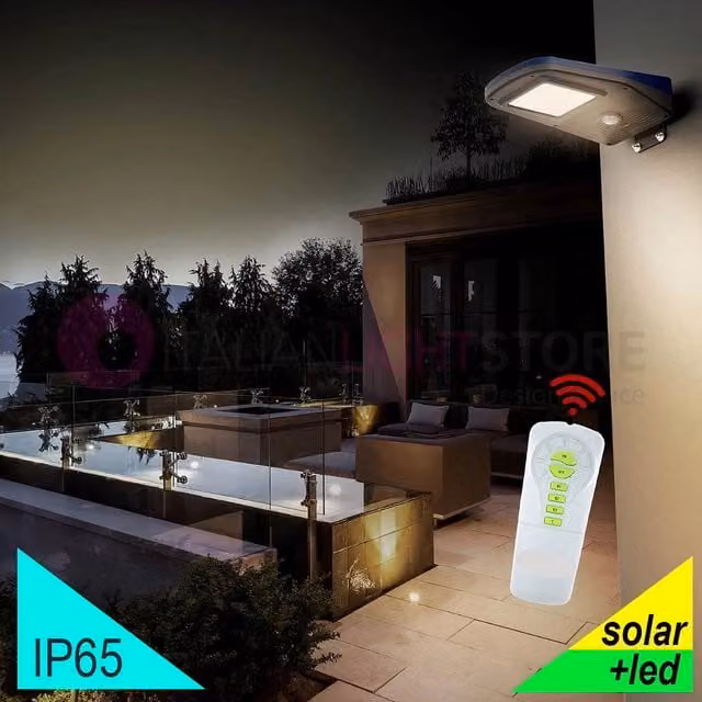 Illuminasol Proiettore Solare LED Bianco da 2000 Lm con Telecomando, Sensore di Movimento e Sensore Crepuscolare, Impermeabile IP65 per Giardino