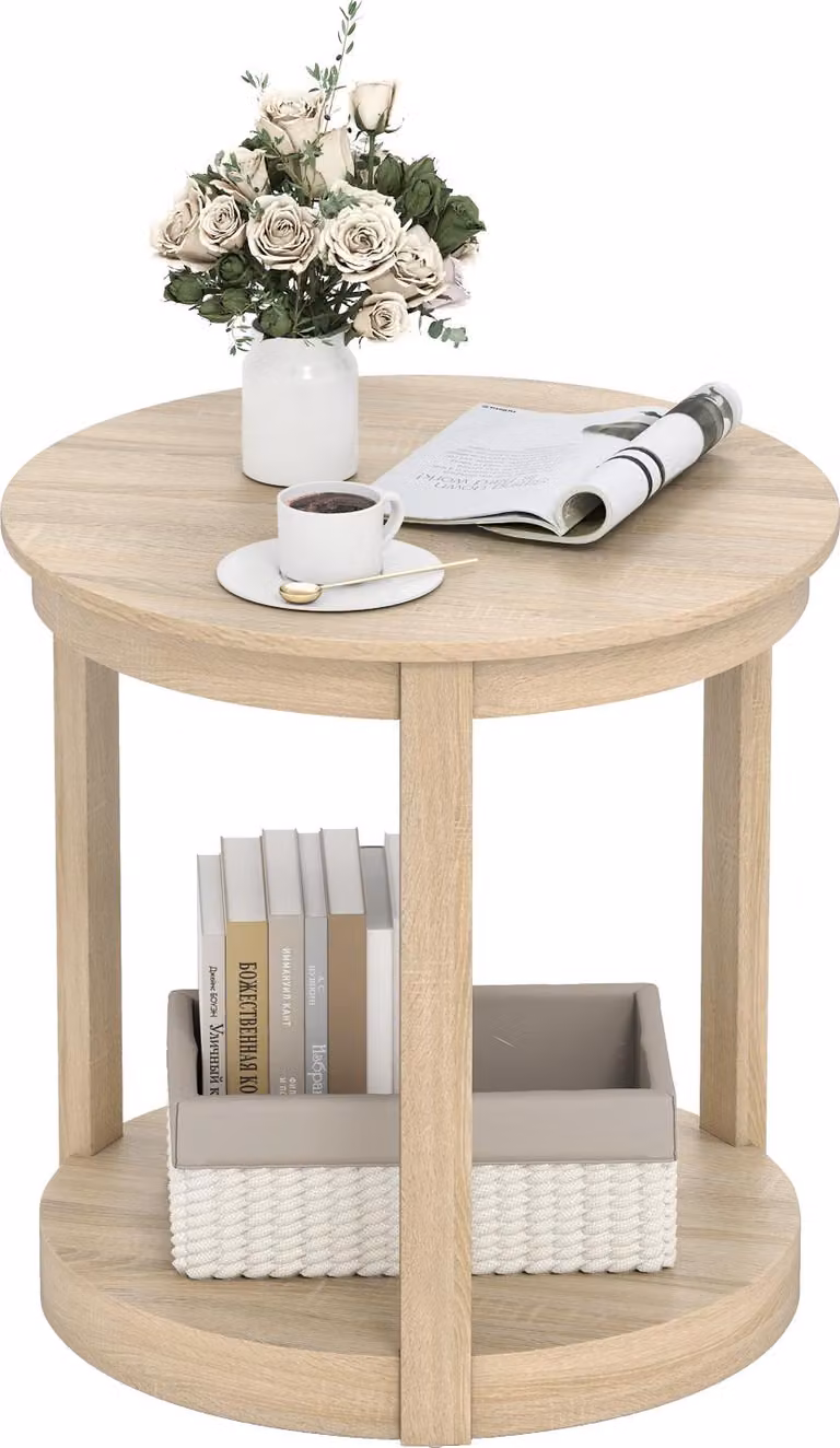 Tavolino rotondo, a due livelli con gambe in legno di albero della gomma e piedini protettivi, tavolino da caffè in legno, tavolino da salotto, tavolino rustico, 60,5 x 61 cm, rovere