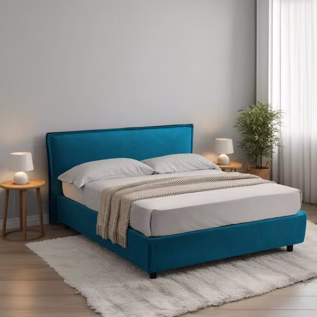 Letto Matrimoniale Brunate DMORA con Contenitore a Alzata, Rivestimento in Tessuto Blu, L/P: 160 x 200 cm