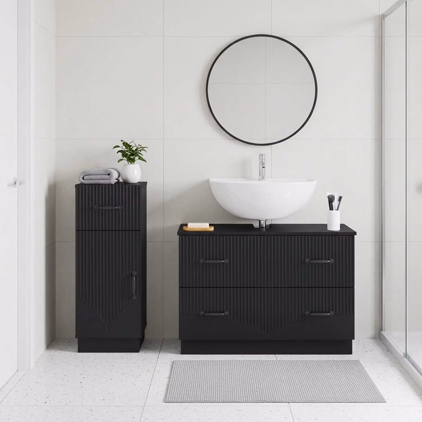 Set di mobili da bagno vidaXL HOORN nero opaco, 2 pezzi con vanità e armadietti freestanding in MDF
