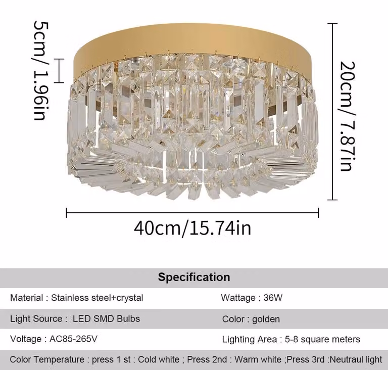 Lampada da soffitto in cristallo - Lampada da soffitto a LED - Oro - 40 cm - Design moderno - Montaggio a parete - Oltre 20 sorgenti luminose - Luce con cambio colore