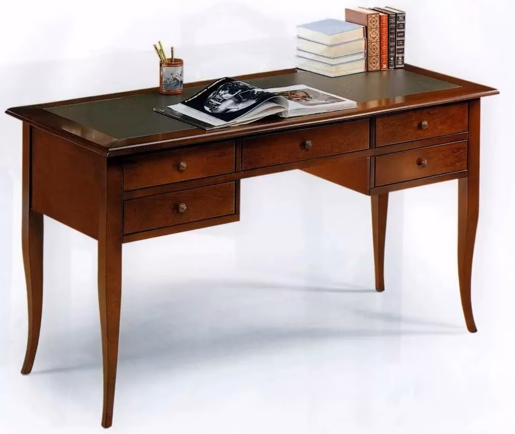 Scrivania Arte Povera Mobili 2G in Legno di Pino con Piano in Pelle, Colore Noce e Verde, L: 130 cm, P: 65 cm, H: 81 cm – 1