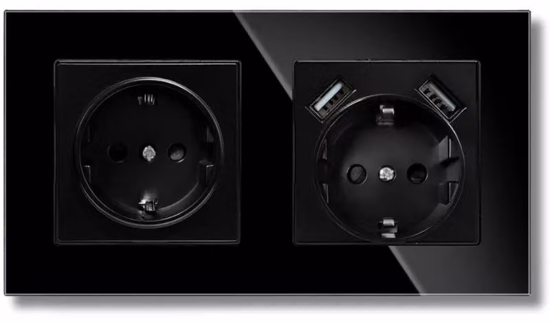 Presa doppia cornice vetro temperato, 2 porte USB-A, iUni US2, 16A, Nero