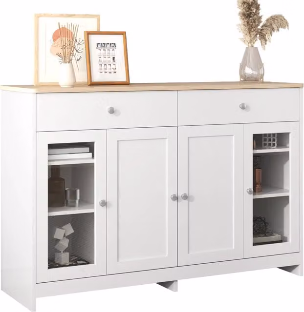 Sideboard con finitura legno bianco e bianco, 4 ante (di cui 1 in vetro) e 2 cassetti, per soggiorno e sala da pranzo