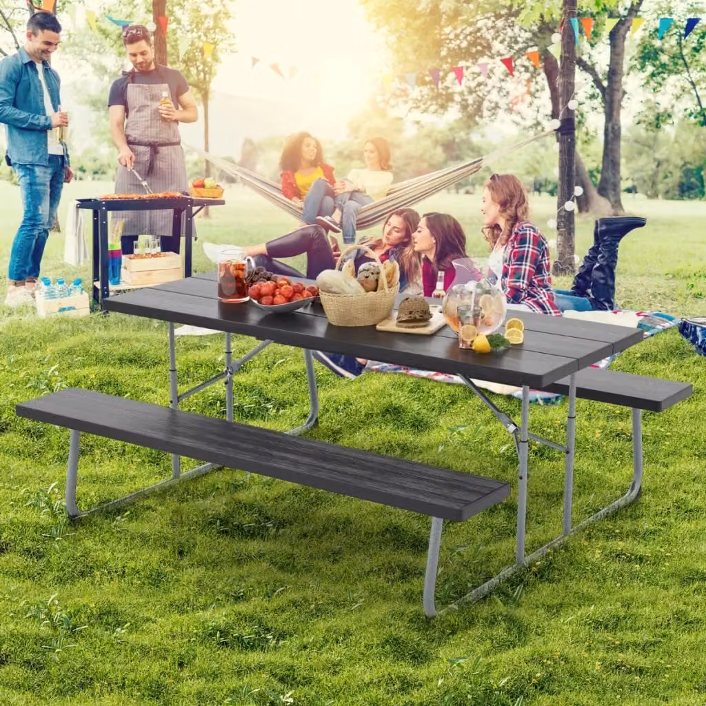 Tavolo da picnic pieghevole Design Mania con 2 panche, set da giardino con telaio in acciaio nero e foro per ombrellone, L: 183 cm – 2