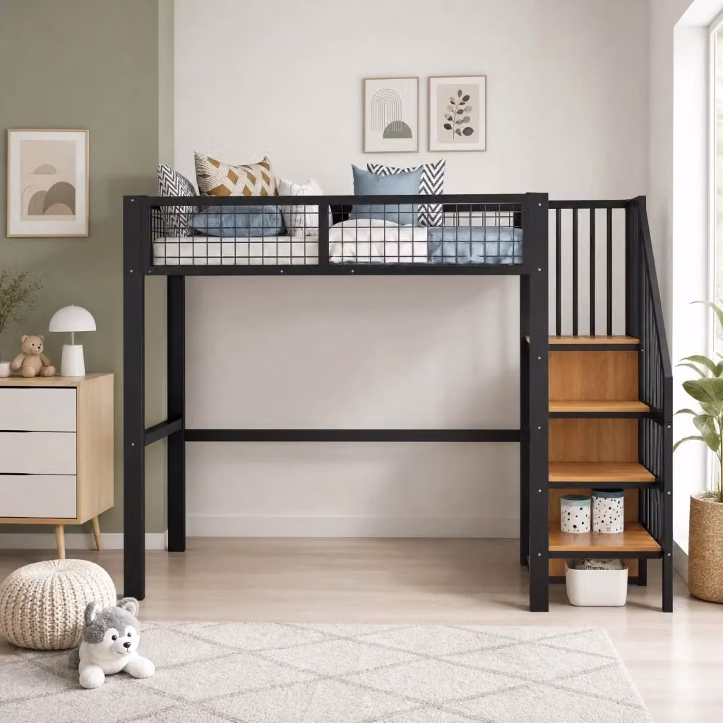 Letto a soppalco singolo in metallo nero con scala e scomparti laterali L/P/H: 200 x 90 cm – 2