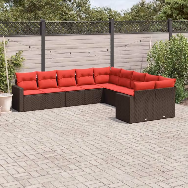 vidaXL Set Divani da Giardino a Forma di L con Cuscini Marroni e Rossi in Polyrattan e Acciaio