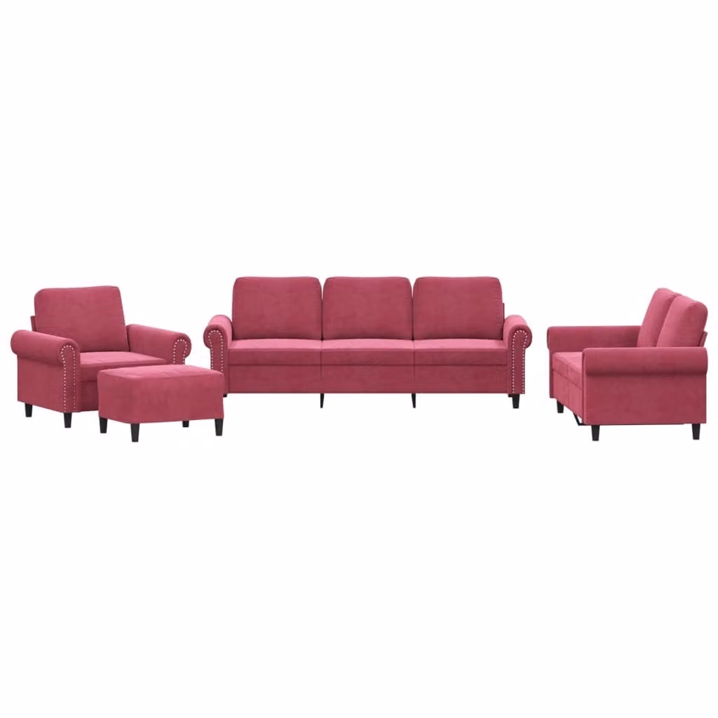 Set di Divani 4 pz con Cuscini Rosso Vino in Velluto