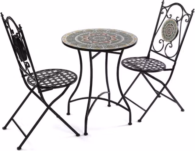 Set tavolo e 2 sedie Mandala multicolore metallo e ceramica a mosaico 60cm