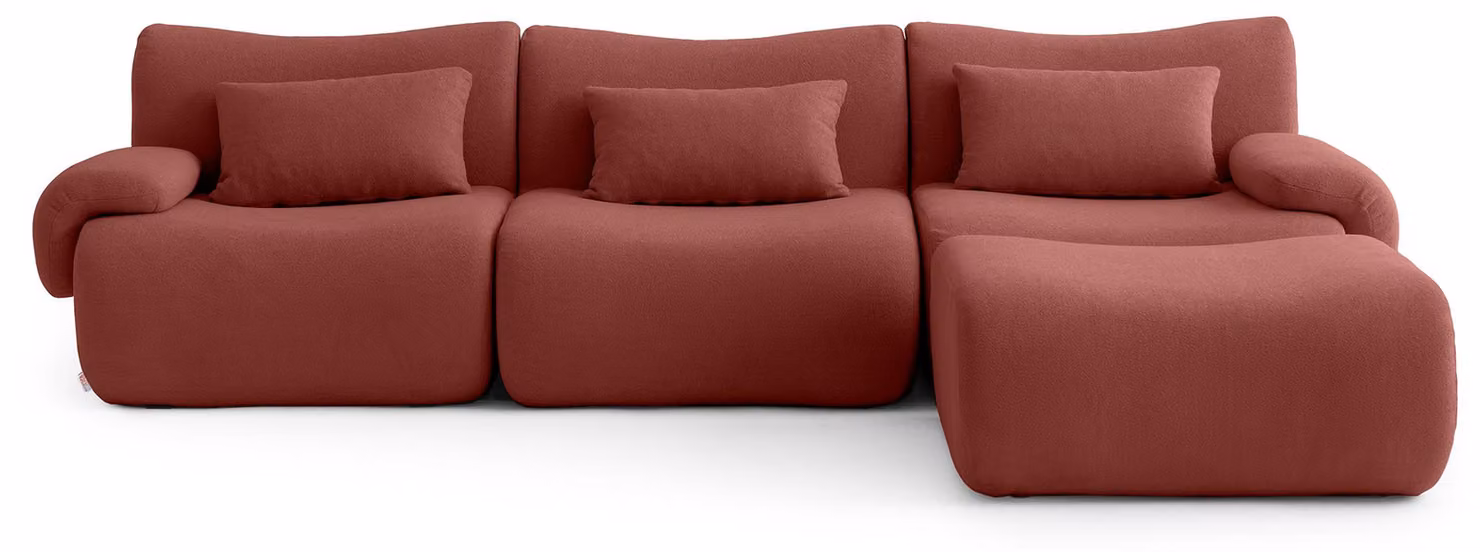 MILYSOFA SOFATIME: divano ad angolo modulare a 3 posti con chaise longue, raffinato tessuto a riccioli, rosso terracotta