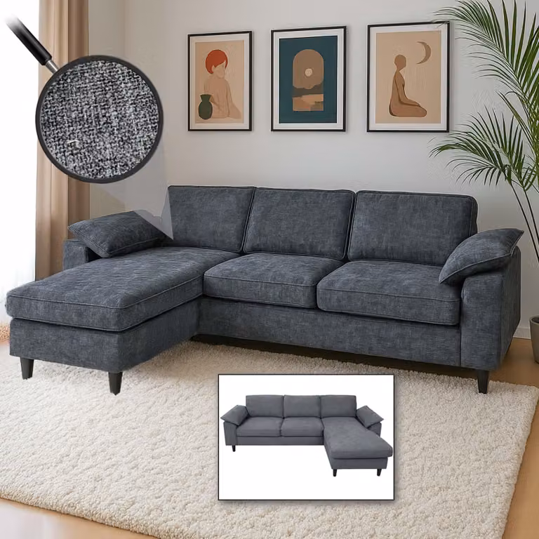 Set di divani HWC-O71, divano divano angolare a L, superficie reclinabile a sinistra/destra, tessuto/legno tessile 84x229x140cm ~ grigio scuro