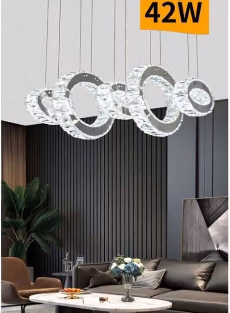 Trade Shop - Lampadario Led A Sospensione 42watt 5 Anelli Con Cristalli Luce Fredda 8000k B58 -