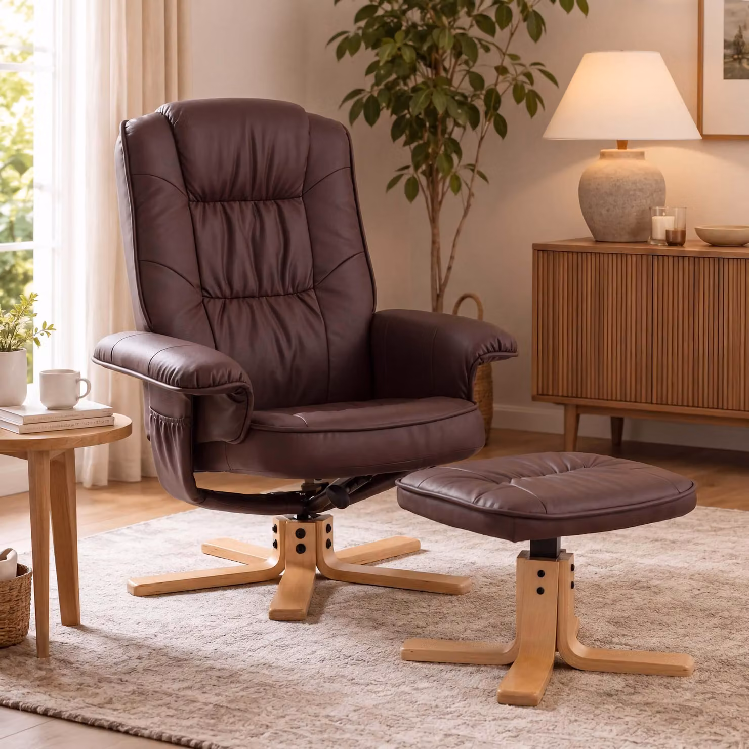 Poltrona relax H56, poltrona da TV con poggiapiedi, in Pelle finta e legno di eucalipto, certificata MVG ~ rosso-marrone