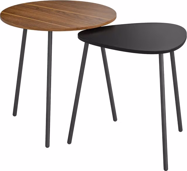 Set di 2 tavolini da salotto impilabili HOMCOM con piano rotondo in legno e struttura in metallo, colore noce e nero