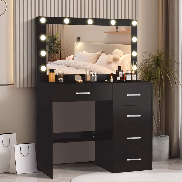 Tavolino con specchio e sgabello nero Illuminazione LED 80x34x130cm