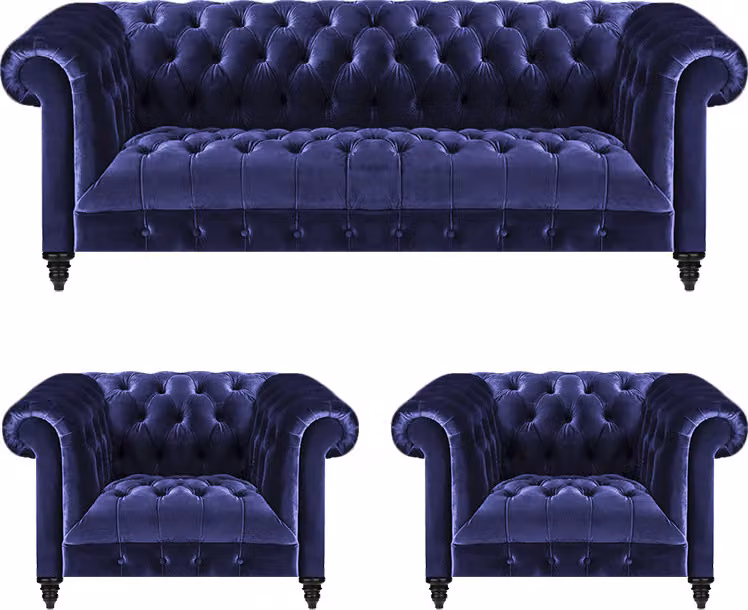 Blau Set 3tlg Chesterfield Komplett Sofa Dreisitze 2x Sessel Wohnzimmer
