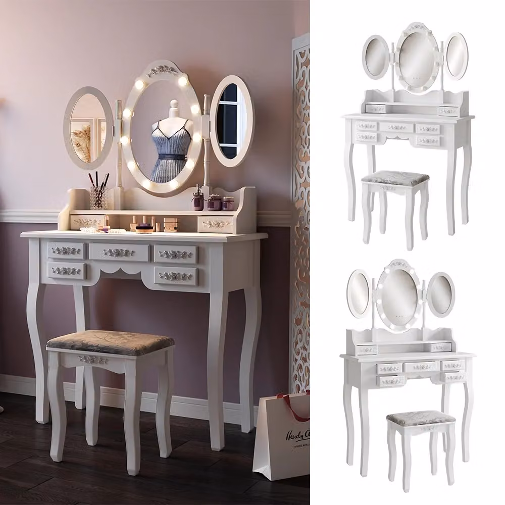Tavolo da toeletta Diana Vicco Bianco con illuminazione e sgabello L: 90 cm, P: 40 cm, H: 76,7 cm – 2