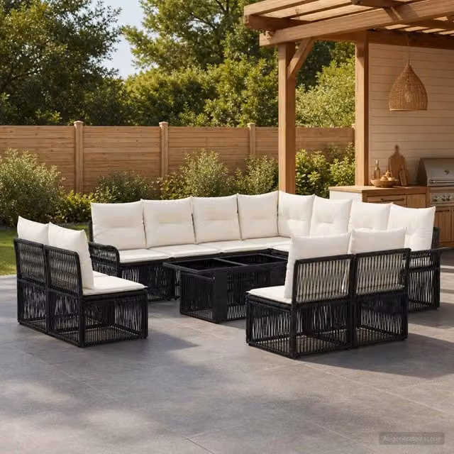Set Divano da Giardino 12 pz Nero e Bianco Crema polyrattan 3436654