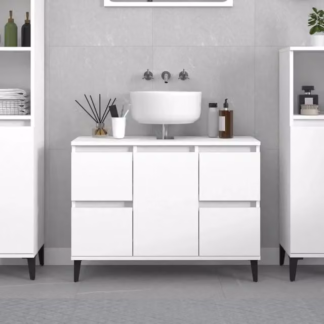 Mobile Lavabo Moderno VIDAXL Bianco con Ante e Cassetti, Sospeso, L: 80 cm, P: 33 cm, H: 60 cm