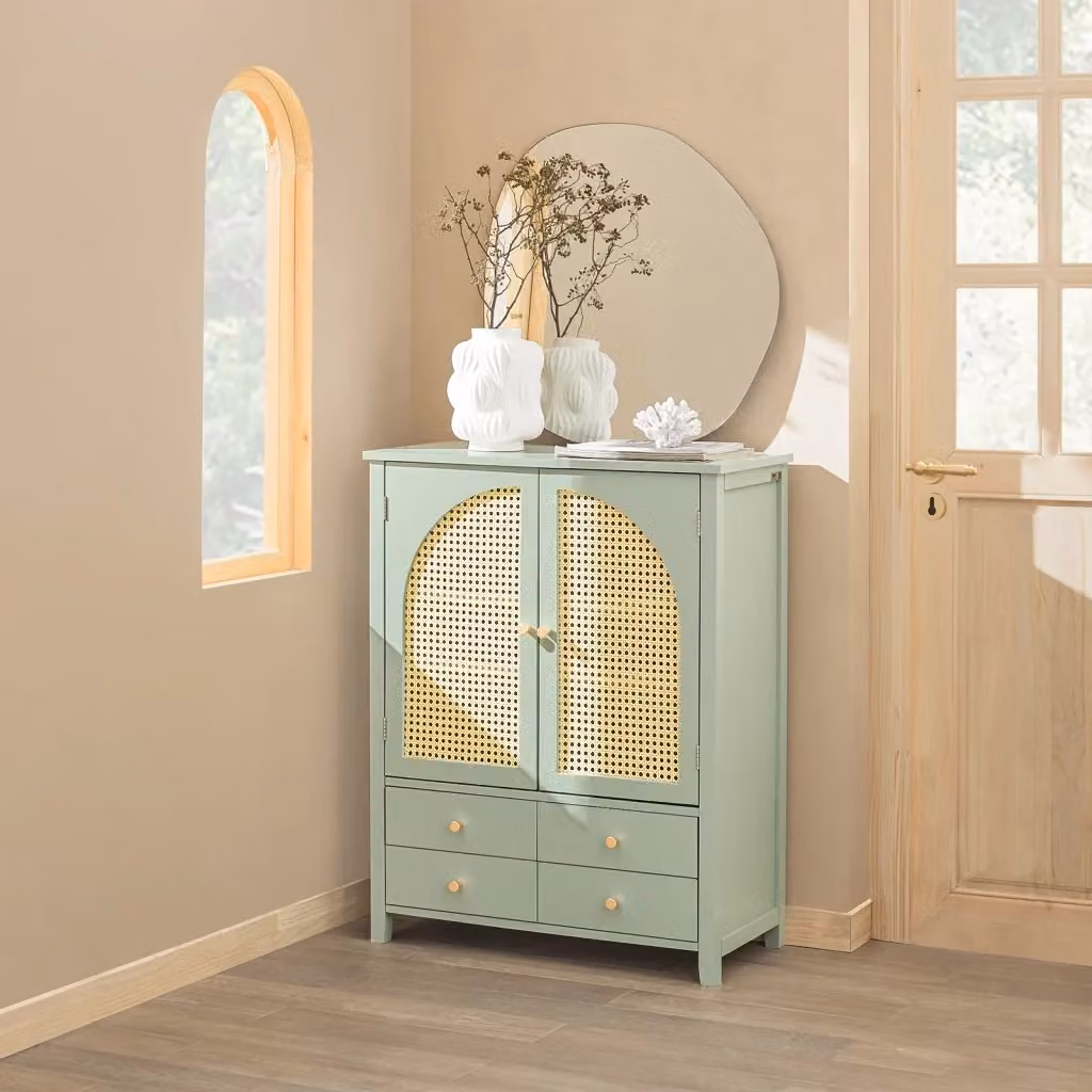 Credenza SoBuy con ante a traliccio e cassetti, Mobiletto per ingresso o cucina in stile scandinavo, Verde, L: 70 cm, P: 34 cm, H: 90 cm – 2