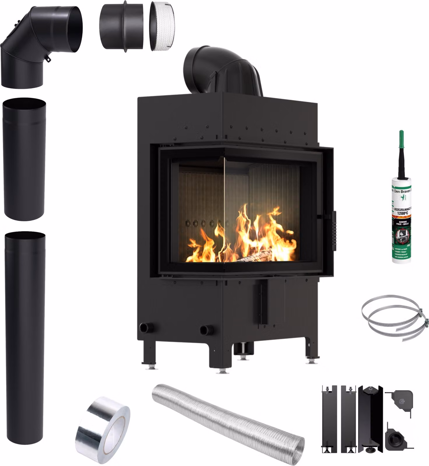 KRATKI LUCY Inserto per caminetto sinistro 12 kW diametro 200 NERO Kit di installazione