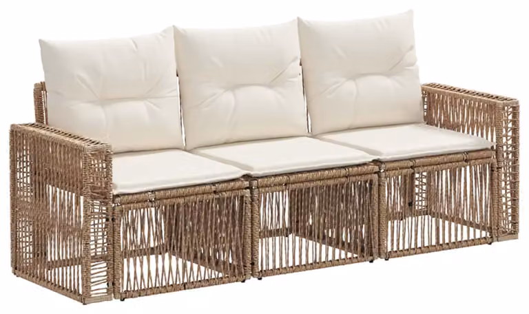 Tre divani da giardino in rattan sintetico, color beige e bianco crema