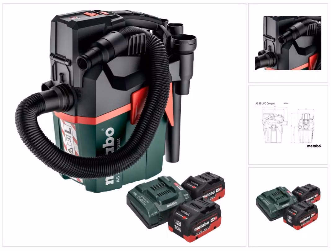 Metabo AS 18 L PC Aspirapolvere compatto a batteria 18 V 6 l IPX4 classe di polvere L wet and dry + 2x batteria ricaricabile 10,0 Ah + caricabatterie