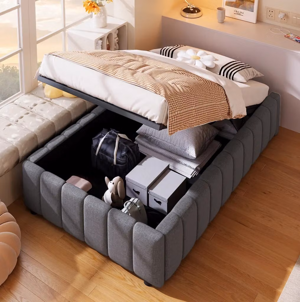 Letto imbottito MODFU con contenitore idraulico in tessuto grigio L/P/H: 90 x 200 cm – 2
