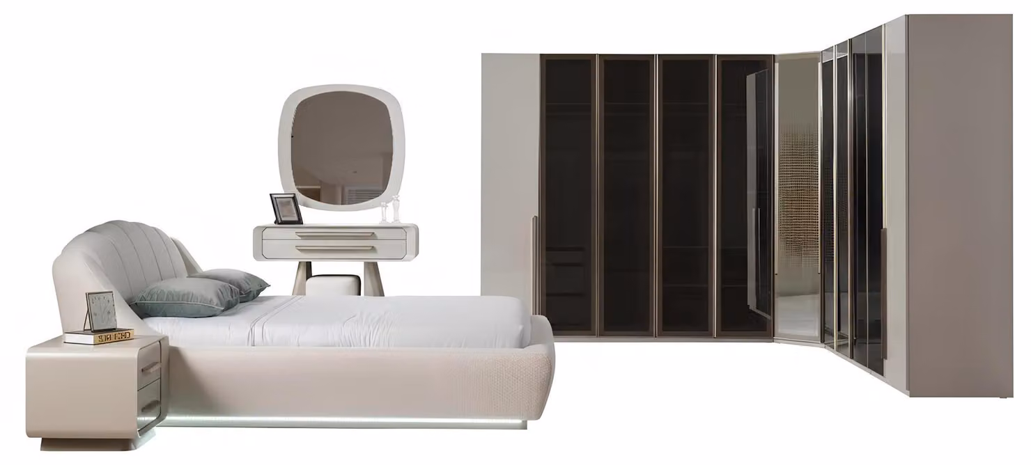 Set per camera da letto: armadio angolare, letto, comò da trucco, specchio. Stile moderno