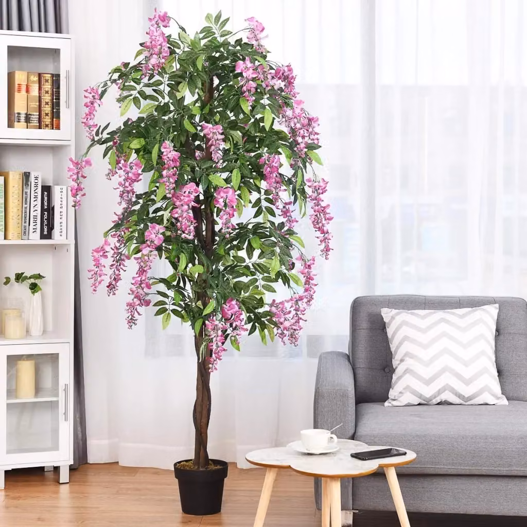 Albero artificiale con fiori di glicine rosa DESIGN IN, pianta decorativa con vaso per arredo interno, Altezza: 180 cm – 2